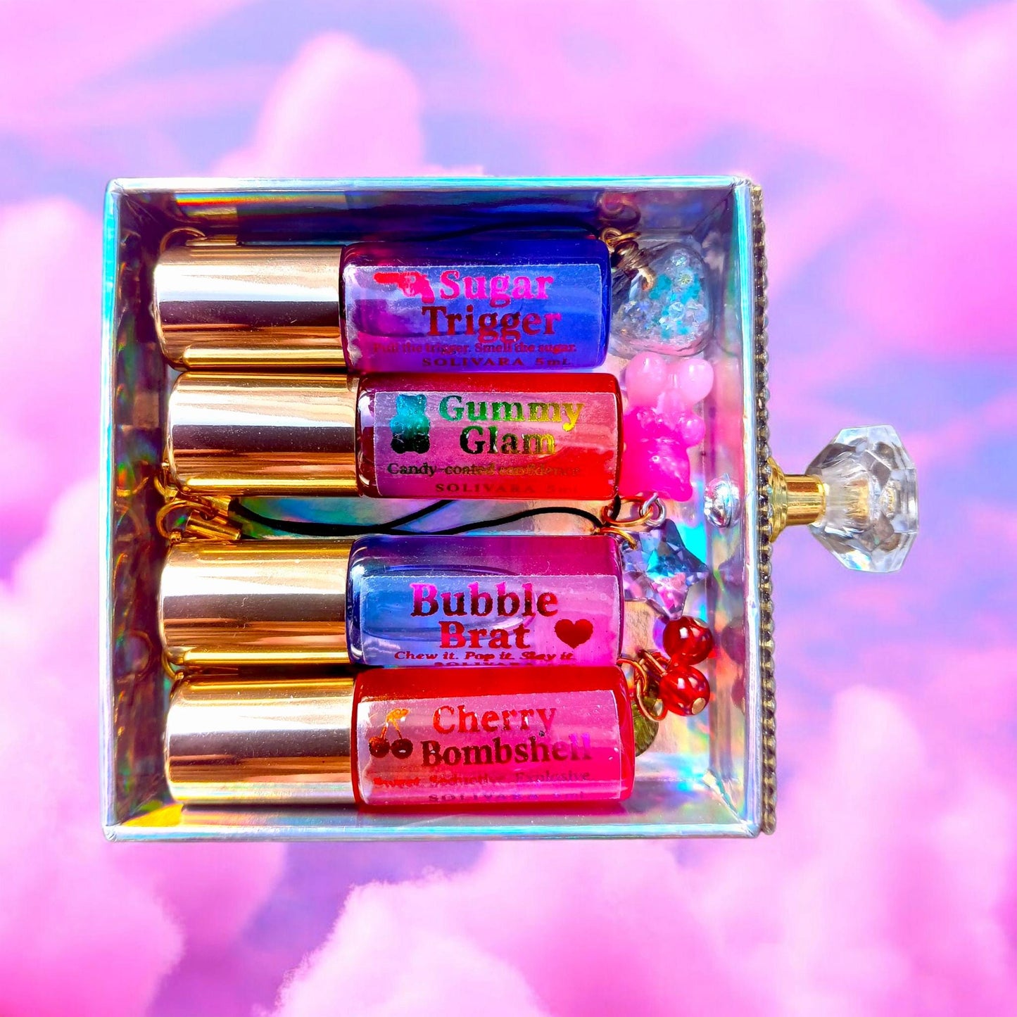Badlicious Box™ – Candy Perfume Gift Set | 4 x 5mL Shimmer Rollerball Perfumes with Charm | Candycore Baddie Collection by Solivara™