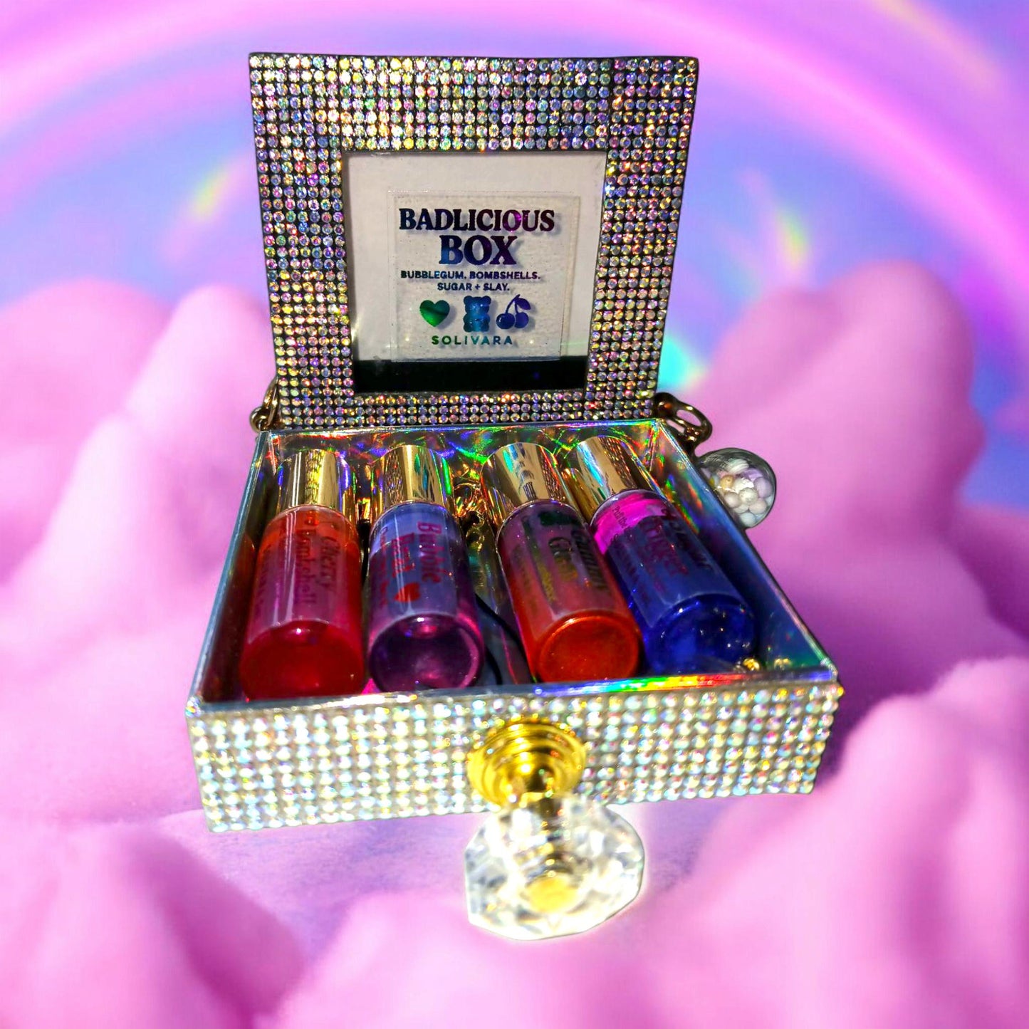 Badlicious Box™ – Candy Perfume Gift Set | 4 x 5mL Shimmer Rollerball Perfumes with Charm | Candycore Baddie Collection by Solivara™