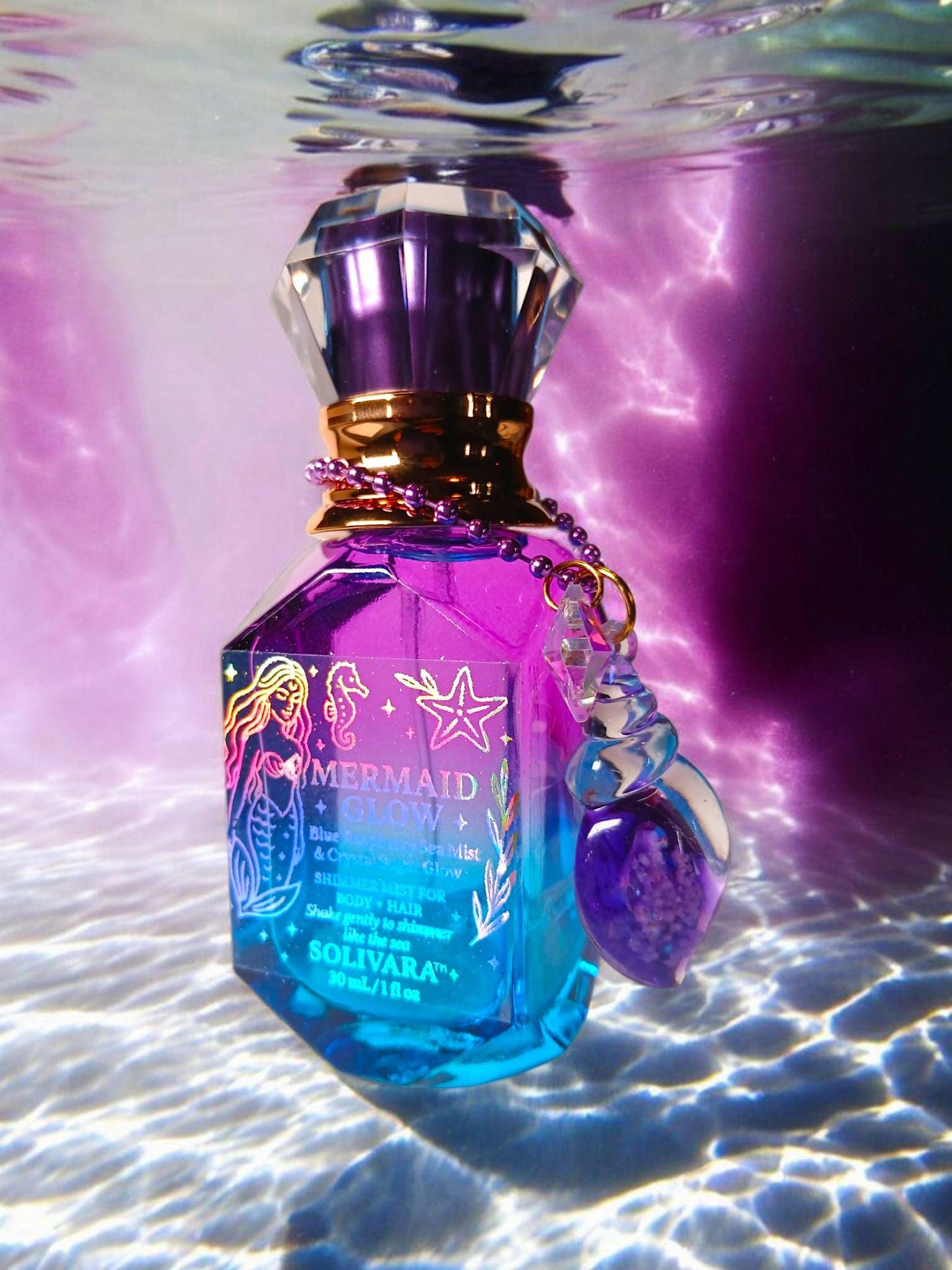 MERMAID GLOW™ – Blue Raspberry Shimmer Mist w/ Quartz Crystal & Glow Charm | Mermaid Perfume Spray 30mL Festival Scent