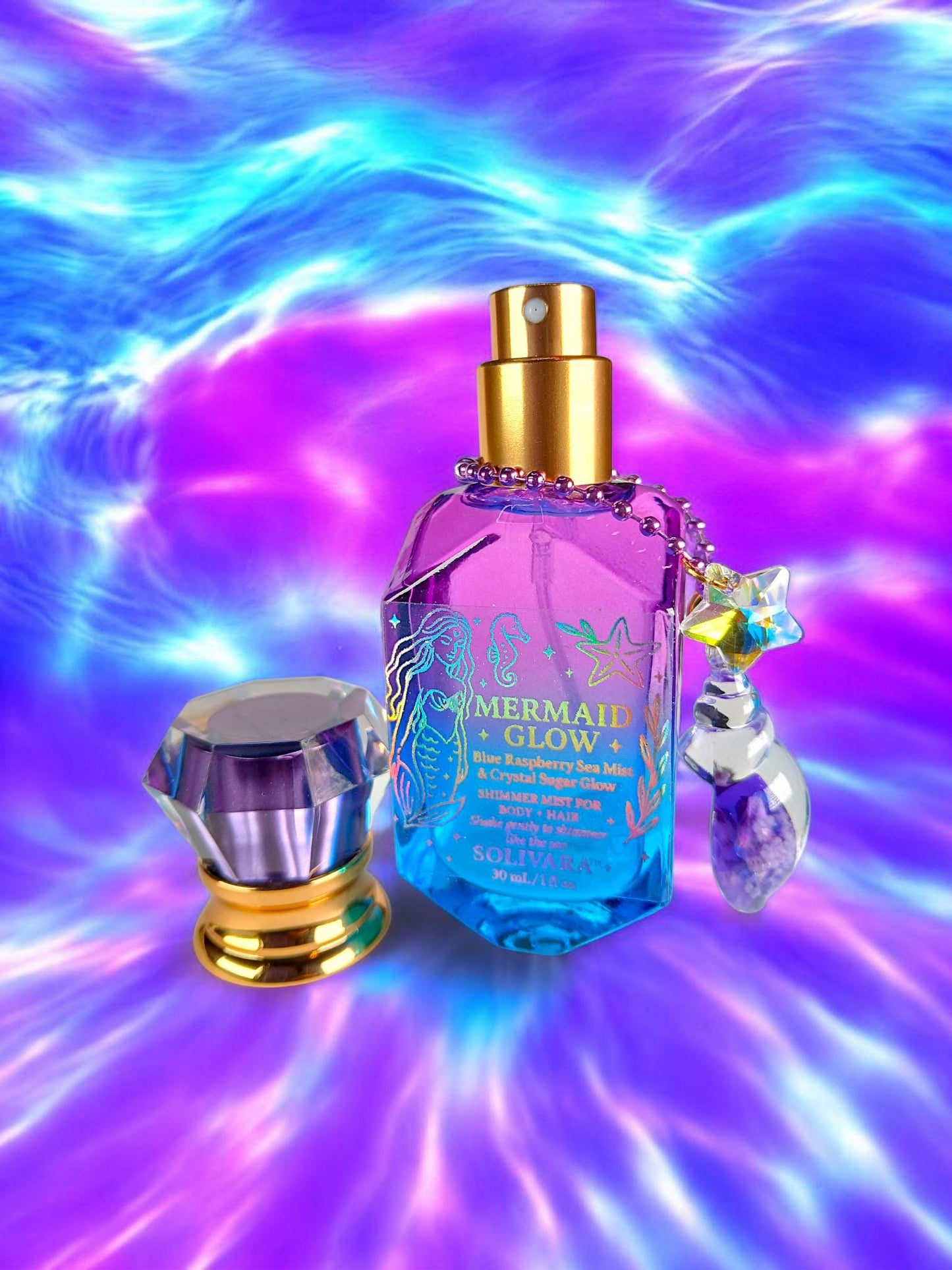 MERMAID GLOW™ – Blue Raspberry Shimmer Mist w/ Quartz Crystal & Glow Charm | Mermaid Perfume Spray 30mL Festival Scent