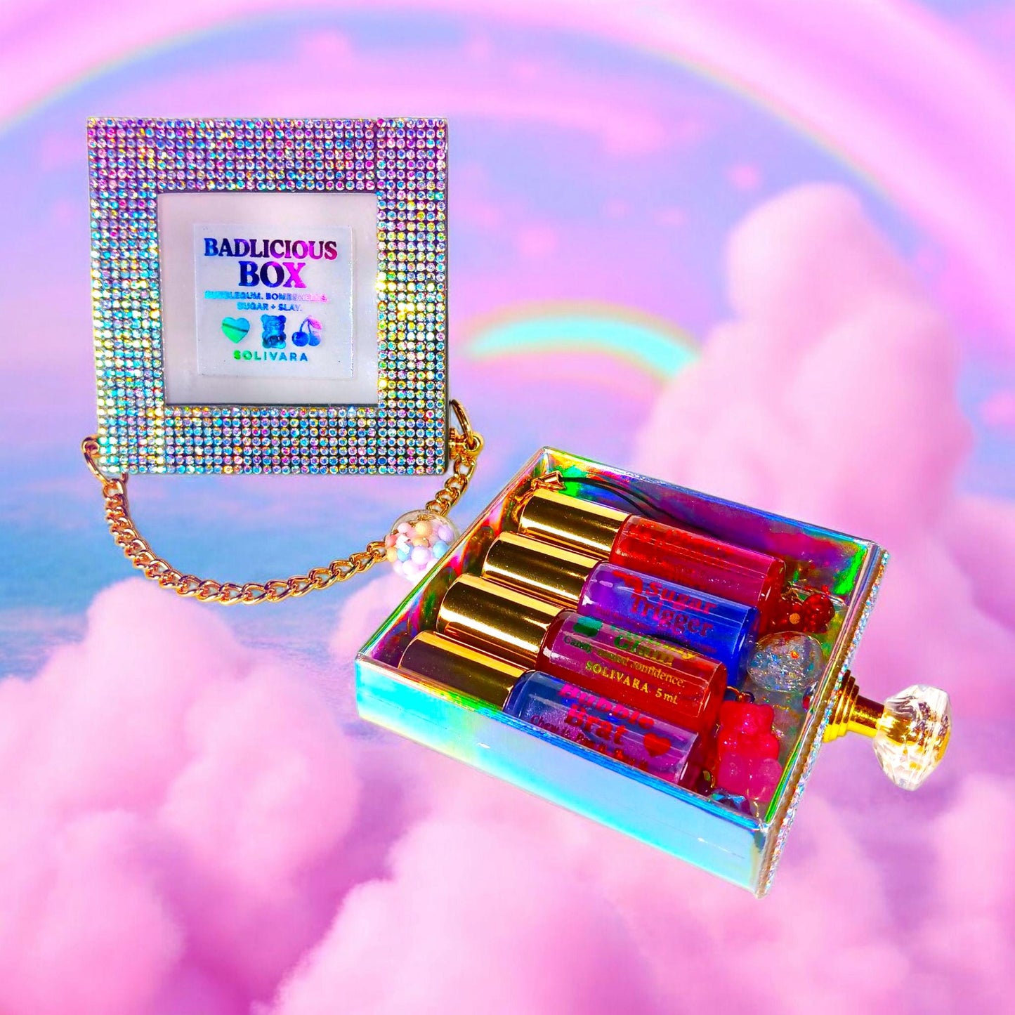 Badlicious Box™ – Candy Perfume Gift Set | 4 x 5mL Shimmer Rollerball Perfumes with Charm | Candycore Baddie Collection by Solivara™