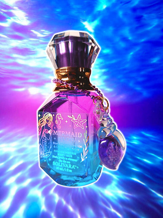 MERMAID GLOW™ – Blue Raspberry Shimmer Mist w/ Quartz Crystal & Glow Charm | Mermaid Perfume Spray 30mL Festival Scent