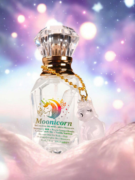 MOONICORN™ – Strawberry Milk Shimmer Mist w/ Quartz Crystal & Glow Charm | Unicorn Body Spray Perfume 30mL Festival Scent